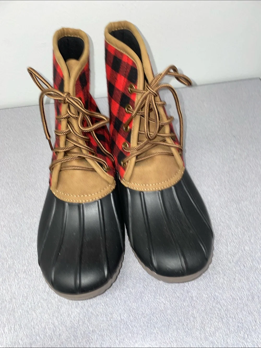 Simply Southern Red and Black Buffalo Plaid Duck Boots with Brown Trim